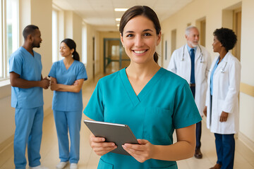 a smiling female nurse holding a digital tablet in a bright hospital corridor with her colleagues standing in the blurred background symbolizing teamwork and modern healthcare