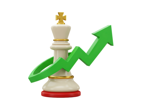 Isolated king chess piece featuring a green upward-trending arrow as a visual success symbol