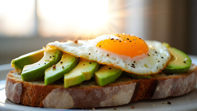 A slice of avocado toast topped with a fried egg, a healthy and delicious breakfast option to start the day - Powered by Adobe