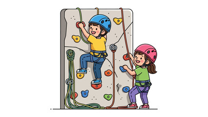 Rock Climbing: Two young, adventurous children embrace the thrill of indoor rock climbing. One child is actively scaling the wall, their movements mirroring the determined focus of their companion.
