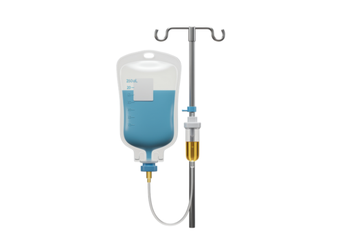 Isolated IV drip infusion on stand for hospital patient intravenous bag of fluid treatment