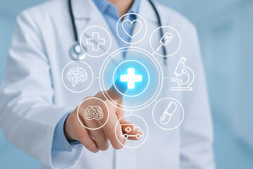 a doctor's hand interacting with a futuristic healthcare interface displaying various medical icons and data on a blue background symbolizing digital innovation in medicine