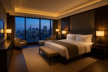 Five-Star Hotel Presidential Suite With Floor-to-Ceiling Windows and City Views