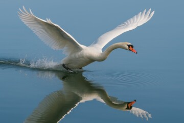 Graceful white swan spreading magnificent wings during takeoff from crystal clear lake with perfect reflection beneath