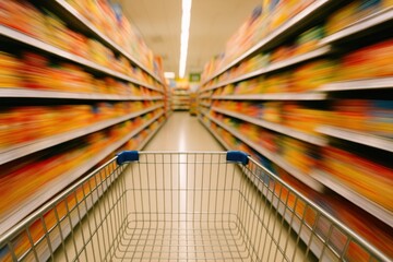 Fototapeta premium Grocery shopping cart moving through supermarket aisle with motion blur effect capturing retail consumer experience