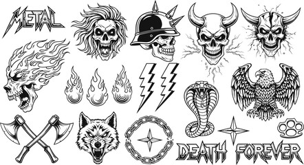 Naklejka premium Metal themed graphic elements set with skull, flames, wolf, and axes.