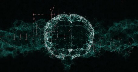 Animation of math formulas, brain and dna on black background - Powered by Adobe