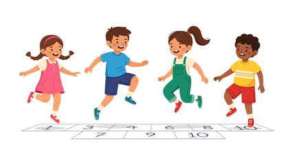 Fototapeta premium Joyful Hopscotch: A cheerful scene of kids engaging in a lively game of hopscotch on a sunny day, epitomizing the unadulterated joy of childhood play and outdoor activity.