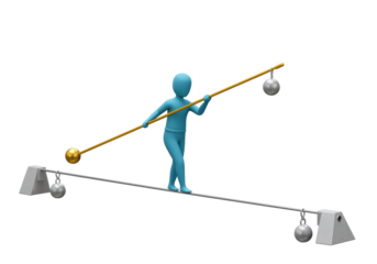 Isolated tightrope walker balancing on the rope with a balance pole with weights on each end
