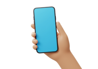 Isolated hand holding blue screen cell phone, blank display mockup, mobile gadget app promotion