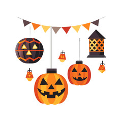 Festive halloween decorations featuring jack o lanterns and lanterns hanging from a bunting isolated on transparent background