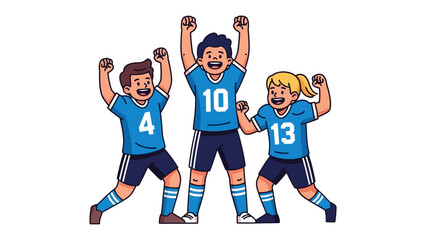 Triumphant Trio: A lively vector illustration showcases three ecstatic teammates celebrating victory after the final whistle blows, their shared joy palpable. 