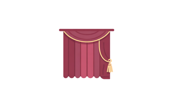 Flat design icon of elegant closed red velvet theater stage curtains with gold tassel and valance