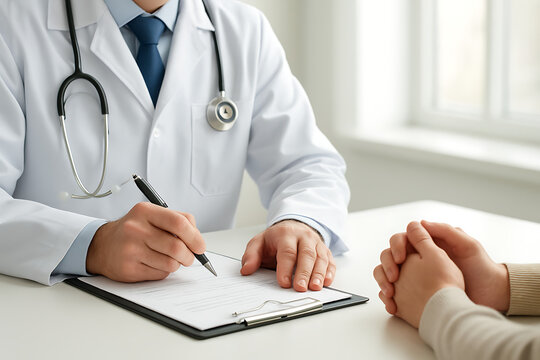 Doctor in a white coat sitting at a desk and writing on a clipboard during a consultation with a patient, representing patient care and medical documentation