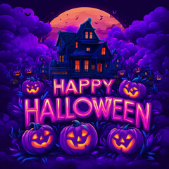 Happy Halloween Illustration with Haunted House and Glowing Pumpkins
