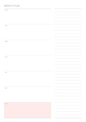A weekly plan design template in a modern, simple, and minimalist style. Note, scheduler, diary, calendar, planner document template illustration.