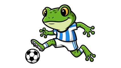 Frog Soccer Star: A charming frog, sporting a soccer uniform, dribbles a soccer ball, exuding energy and the spirit of sportsmanship. A fun and engaging illustration for sports and animal lovers.