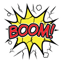 Obraz premium Retro comic book style neon sign with the word boom in glowing red lights and a bright blue starburst explosion background with yellow accents
