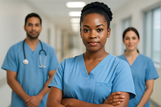 A confident african american female nurse with a stethoscope and crossed arms, standing in a hospital with her blurred medical team in the background