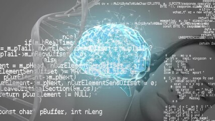 Animation of digital brain and computer programming language over sleeping caucasian woman - Powered by Adobe
