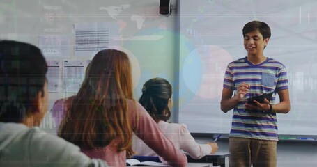 Animation of asian student giving presentation in classroom over infographic interface - Powered by Adobe