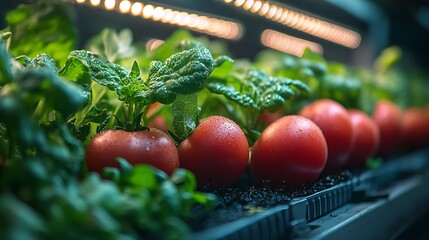 Fresh ripe tomatoes and green lettuce growing in a modern hydroponic indoor farm photo