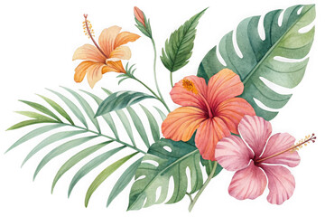 Obraz premium Vibrant tropical hibiscus flowers and lush greenery arrangement transparent background