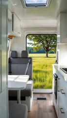 Interior of a camper van with bright white tones, featuring a table and two seats