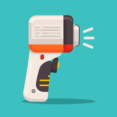 A cartoon-style infrared thermometer gun with an orange accent and a display, emitting a signal, on a teal background.