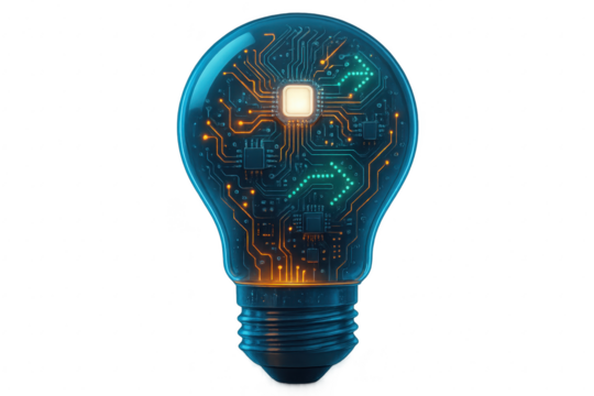 Innovative lightbulb visualization with digital circuits and energy-saving LED technology representing sustainable innovation