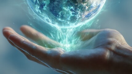 Fototapeta premium A hand holding a glowing earth with blue energy emanating from it in a soft light environment