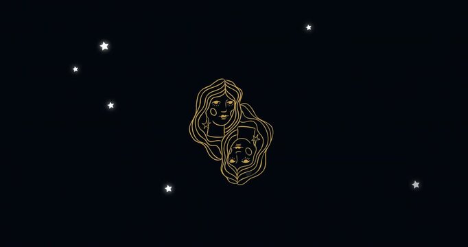 Animation of female faces with gemini zodiac sign against illuminated stars on black background