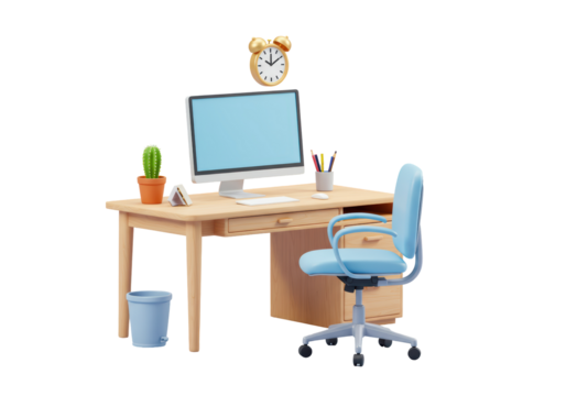 Isolated home office rendering with desk computer cactus chair and alarm clock art