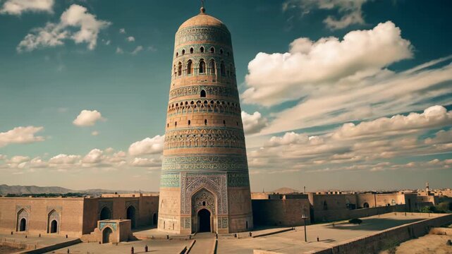 arafed tower with a blue and green design on it