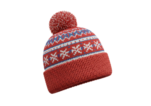 Isolated Winter Knit Beanie Hat, Festive Red, Blue, and White Fair Isle, Pom Pom, no background