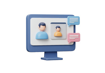 Isolated Online communication concept featuring computer screen, people, and chat bubbles