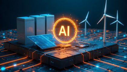 Concept of Artificial Intelligence (AI) managing renewable energy with solar panels and wind turbines on a smart grid