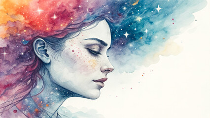 Watercolor abstract art of a flowing human face, soft digital illustration with dreamy textures and hues.