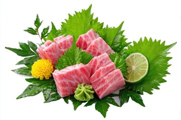 Fresh Tuna Sashimi Presentation Close Up Still Life on White Background with Lime Wasabi and Green Leaves