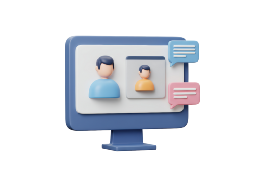 Isolated Online communication concept featuring computer screen, people, and chat bubbles