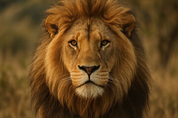 Obraz premium Majestic African lion portrait with golden mane and powerful expression in wildlife photography