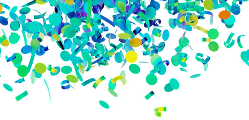 Vibrant teal, green, and yellow confetti falling on white. Perfect for party invitations, banners, and celebrations.