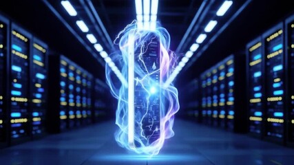Futuristic data center with glowing energy vortex illuminating the aisle among server racks - Powered by Adobe