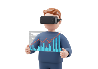 Isolated cartoon man using VR headset showing an increasing chart, analyzing data, 3D render