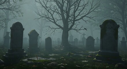 A spooky graveyard scene with fog and tombstones under a bare tree with birds flying around it