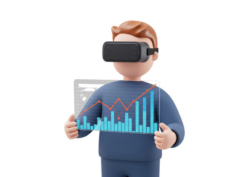Isolated cartoon man using VR headset showing an increasing chart, analyzing data, 3D render