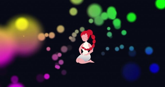 Animation of maiden meditating over colorful lens flares representing virgo zodiac sign