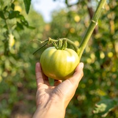 Green tomato in hand, garden setting