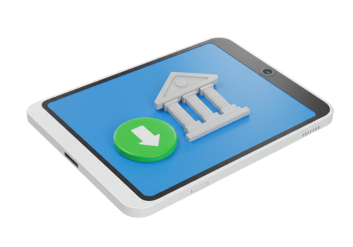 Isolated Tablet device displaying bank application logo and financial download icon button