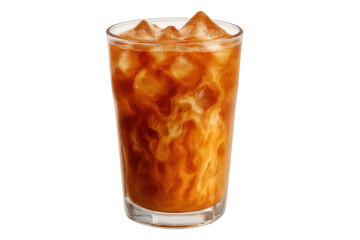 Chilled coffee glass swirling creamy milk, transparent background highlighting refreshing summer beverage composition